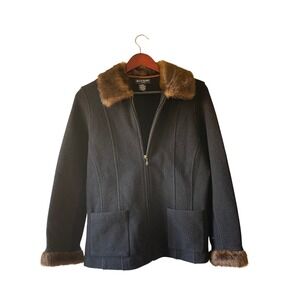 Vintage Petite‎ Black Wool Jacket Faux Fur Collar Cuffs Zip Front medium